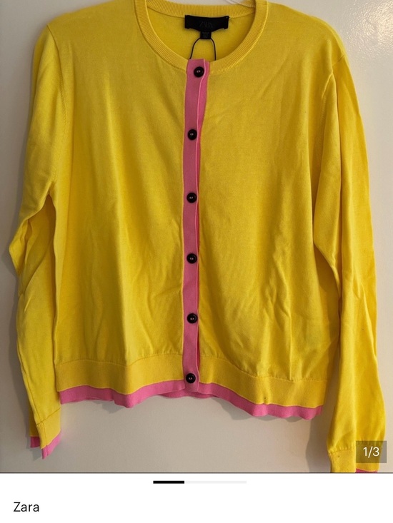 Zara Sweaters - Zara Yellow Cardigan with Pink Trim and Black Buttons